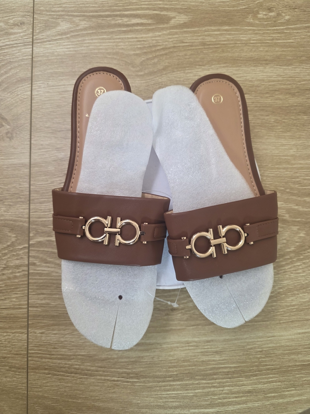 Women's Brown Slide Sandals with Gold Hardware